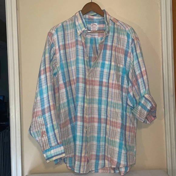 Brooks brothers men’s shirt  large buttondown pastel plaid linen long sleeve - Picture 1 of 6